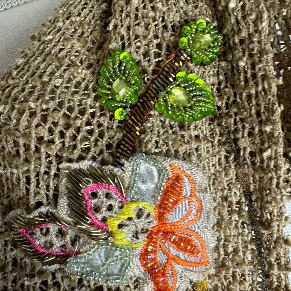 Vintage 90s Beaded Embroidery Art Long Scarf Fringe